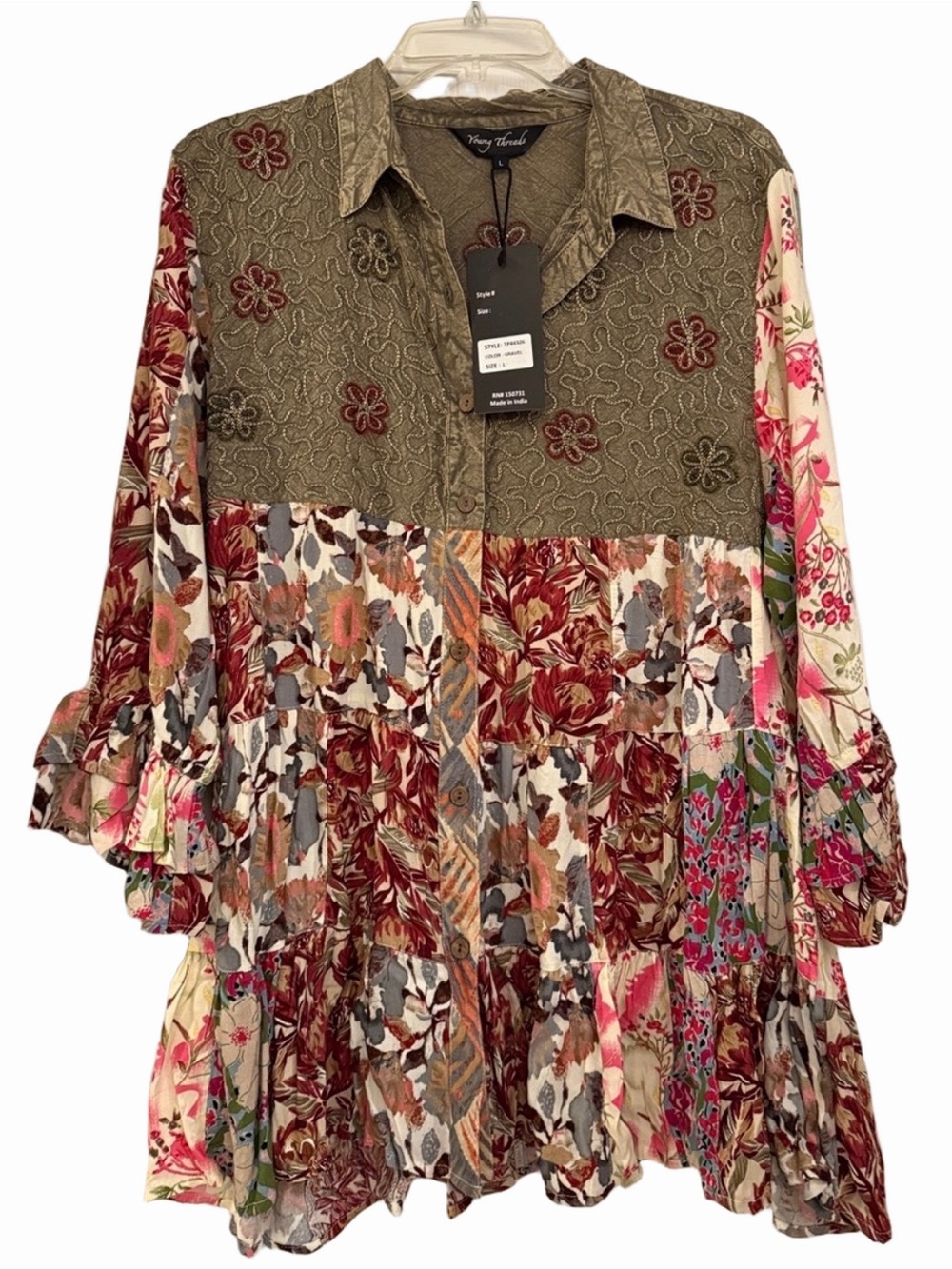 Young Threads Embroidered Floral Patchwork tiered tunic dress